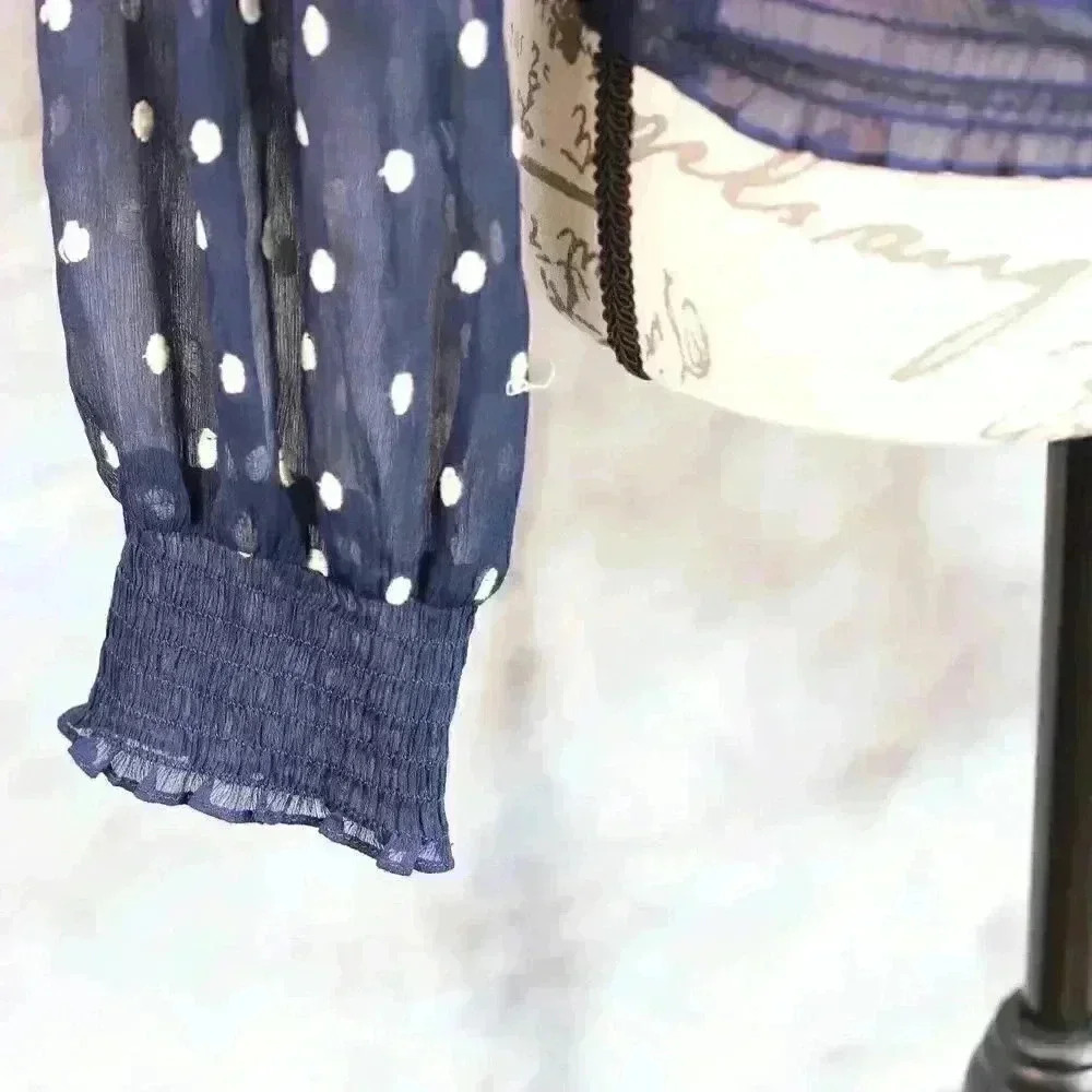 Women's Free People Size S navy blue polka dot embroidered sheer shirt - Picture 5 of 14